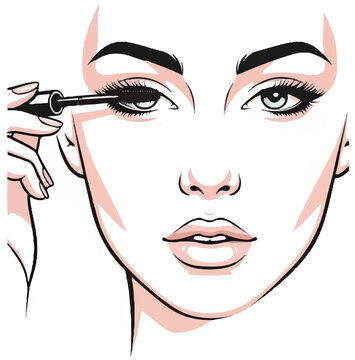 Stylized illustration of a woman's face applying mascara to her eyelashes, with emphasis on her hand and eyes