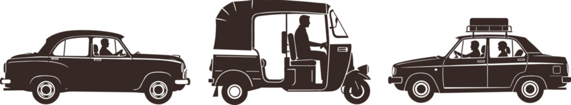 Vintage Ambassador Car And Auto Rickshaw Tuk Tuk Silhouette Vector Set Featuring Traditional Indian Urban Transport Vehicles