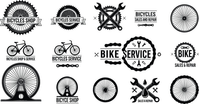 Vintage bicycle shop and repair service logo collection with gear wheels and crossed wrenches vector emblems set.