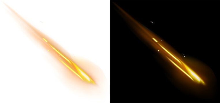 Falling Comet Meteorite fire on transparent background Comet falling down fast A comet, an asteroid, a meteorite falls to the ground against a starry sky. 
