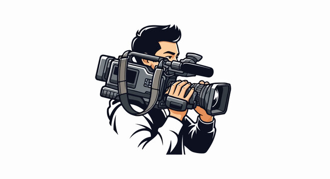 Illustrated half-body shot of a person operating a professional video camera, capturing footage