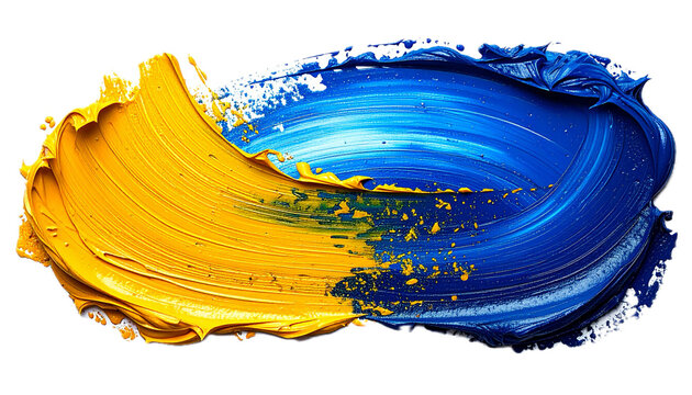 Photo yellow blue grunge brush strokes oil paint isolated on white, top view, clipping path