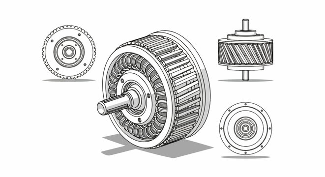 Technical line drawings of an electric motor or generator component assembly from multiple perspectives
