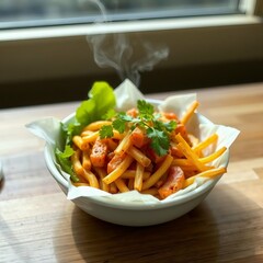 Steaming bowl of pasta with tomato sauce and fresh green herbs on wooden table by window