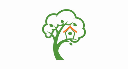 Stylized green tree with an orange-roofed birdhouse nestled in its branches, on white background