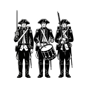 Colonial Military Drummers Illustration &ndash; Historical Soldier Musicians Silhouette for Heritage & History Design