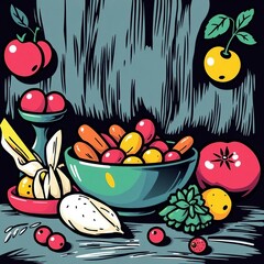 Vibrant still life composition of fresh fruits and vegetables in a bold graphic style