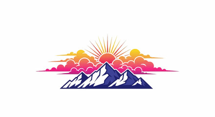 Obraz premium Stylized mountain range with snow-capped peaks under a vibrant sunrise sky, featuring colorful gradient clouds