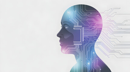 Obraz premium Female human head silhouette filled with circuit board pattern graphic.