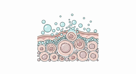Skin cross-section illustration showing bubbles interacting with and penetrating its complex cellular layers