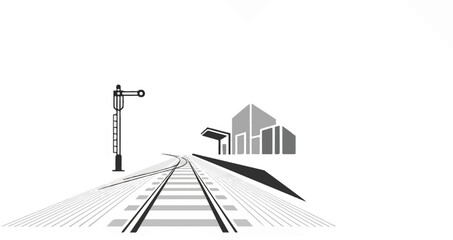 Obraz premium Monochrome vector illustration of a railway track leading to a station building with a signal, minimalist