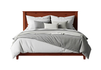 Modern bed with white bedding isolated on transparent background