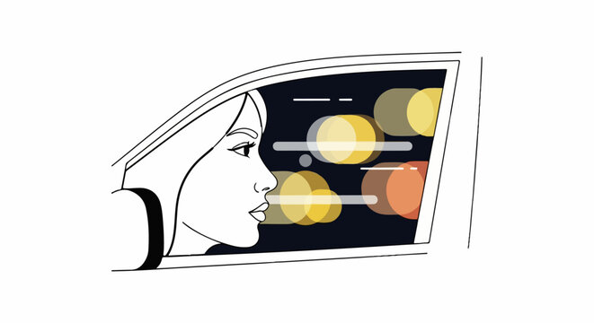 Stylized illustration of a woman looking out a car window at night, city lights blurred outside