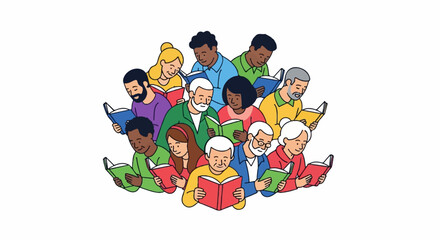 Obraz premium Diverse group of people from various ages and backgrounds actively reading books, promoting literacy