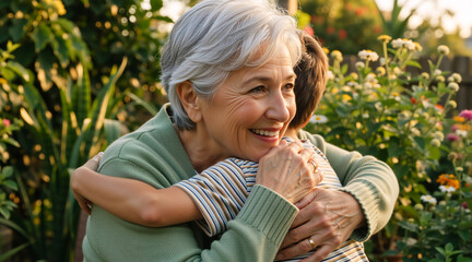Fototapeta premium Happy grandmother hugging her grandson in a sunny garden. Senior woman and child embracing outdoors. Family love concept