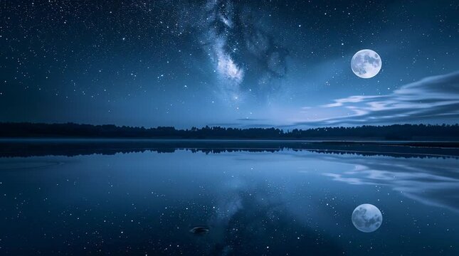 Serene Nightscape: The celestial dance unfolds as a luminous moon graces the tranquil night sky, casting a spell of serenity over calm waters below. A symphony of stars adorns the heavens.