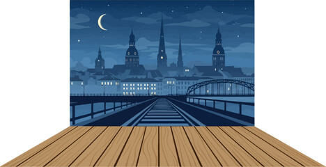 Obraz premium Pixel art night cityscape with illuminated buildings, railway bridge, crescent moon, from a wooden floor