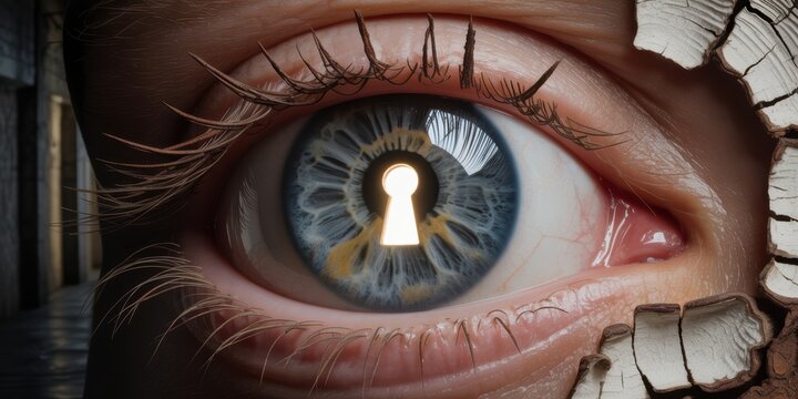 Surreal human eye with keyhole iris symbolizing security privacy access control and personal data protection concept