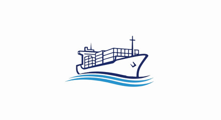 Obraz premium Stylized blue illustration of a cargo ship with containers on waves, depicting global trade and transport