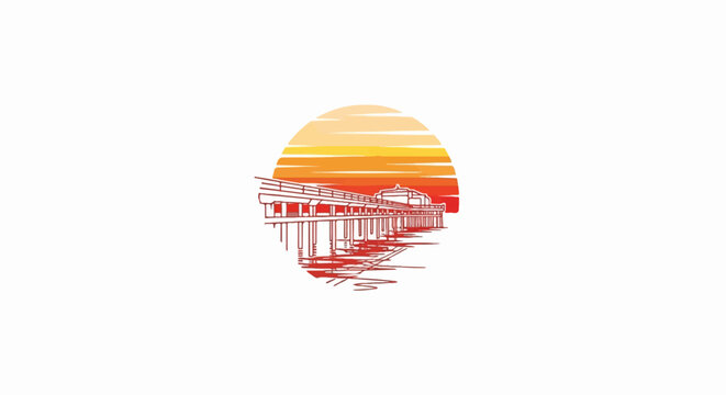 Minimalist graphic of a long pier structure extending into water, set against a circular striped sunset