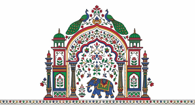 Colorful Indian-style archway with peacocks, a decorated elephant, floral patterns, and intricate borders