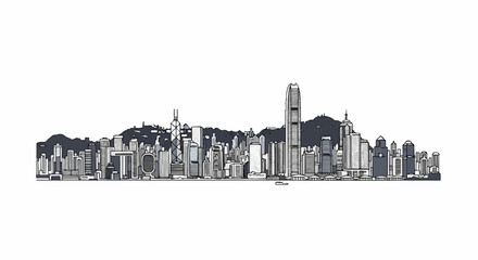 Obraz premium Minimalist line art cityscape panorama with tall buildings, mountains, and a subtle waterfront on white background