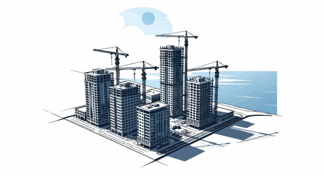 Isometric illustration of a city under construction with multiple high-rise buildings and cranes, featuring a blue sky/water element