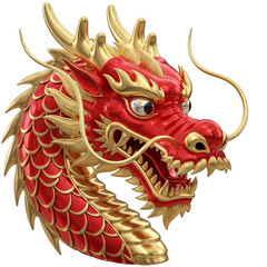 Ornate Red Dragon Head Sculpture with Golden Details on Transparent