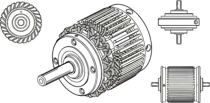 Technical line drawings of an electric motor's stator and rotor components, including internal windings