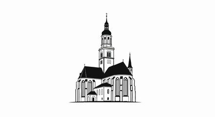 Obraz premium Vector illustration of a historic church with a prominent tall steeple and multiple spires, rendered in black and white