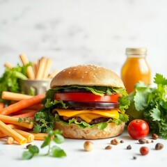 Fresh delicious hamburger with vegetables and cheese served with fresh juice