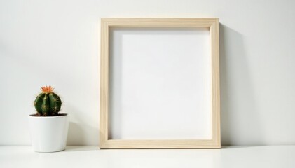 Empty frame mockup, white desk, small cactus, bright backdrop, scene, succulent