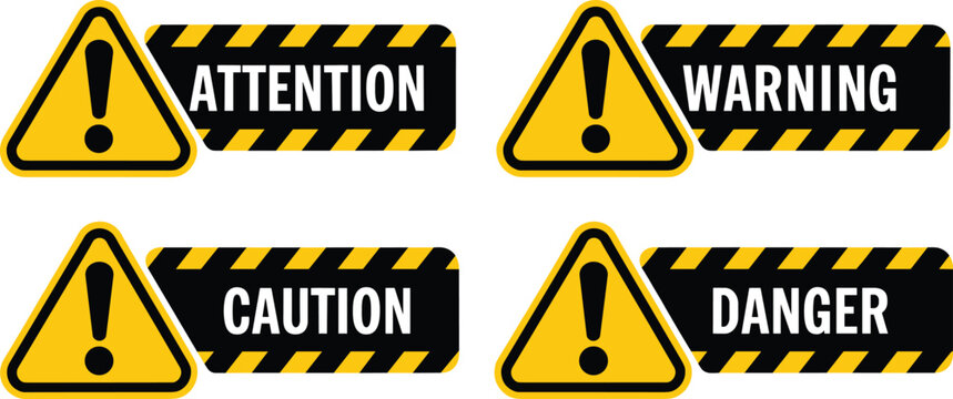 Safety sign set, warning labels, caution symbols, danger icons, attention signage, hazard alert graphics, industrial safety illustration, risk communication design