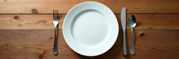 Empty melamine dinner plate centered on wide wooden tabletop , dinnerware, food photography, isolated