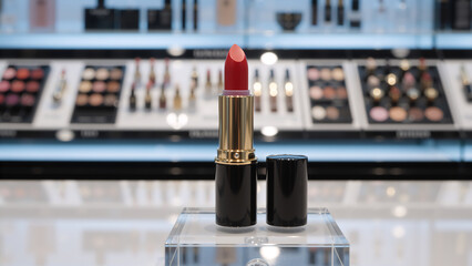 Red lipstick in a gold and black tube on a clear display stand. Close-up of makeup product in a retail store. Cosmetics counter with blurred background