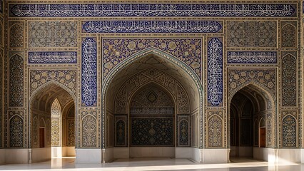 Exquisite islamic architecture showcasing intricate blue and gold geometric designs in a grand entrance illustration