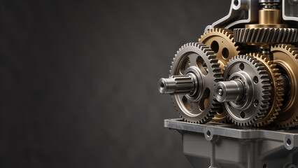 Close-up of mechanical gears and shafts in a gearbox. Industrial machinery components with steel and brass parts. Engineering and precision manufacturing concept. Dark background with copy space
