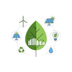 Obraz premium Green leaf with renewable energy icons and growth chart.