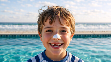 Happy boy with sunscreen on his nose smiling at the camera. Child enjoying a summer vacation at the pool by the beach