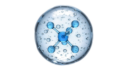 Molecule water model with transparent spherical shape and blue water molecules connected by bonds, surrounded by bubbles and droplets in a clear liquid environment