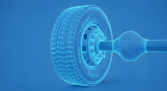 Blue wireframe truck wheel and differential on blue background axle tire