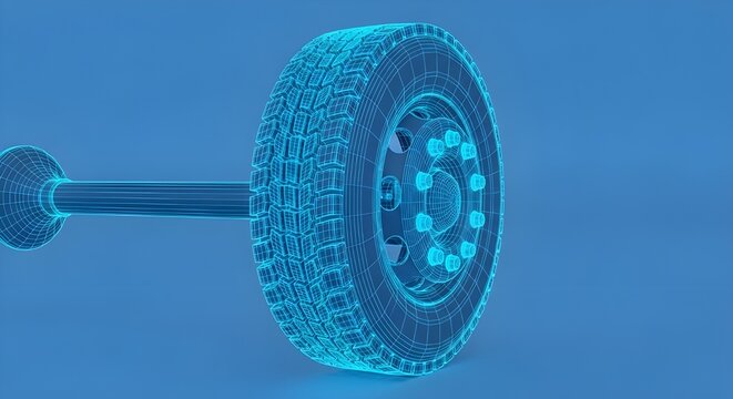 Blue wireframe truck wheel and axle on blue background tire