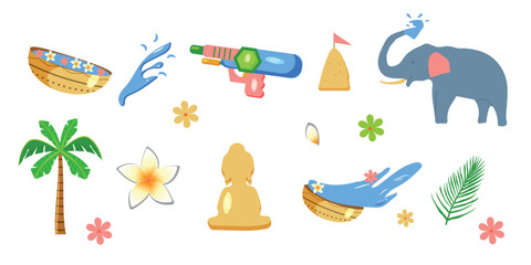 Songkran festival set. Pack for thai celebration for web design. Vector illustration