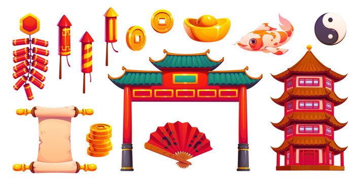 Chinese lunar New Year holiday symbols of fortune, wealth and prosperity, vector icons. Petard firecrackers, gold sycee ingot with golden coins and Yin Yang sign, pagoda temple and Chinatown gate