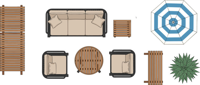 Top‑down view of modern outdoor patio garden with striped umbrella, wooden dining table, lounge chairs, sofa set, and cozy seating arrangement for stylish backyard inspiration