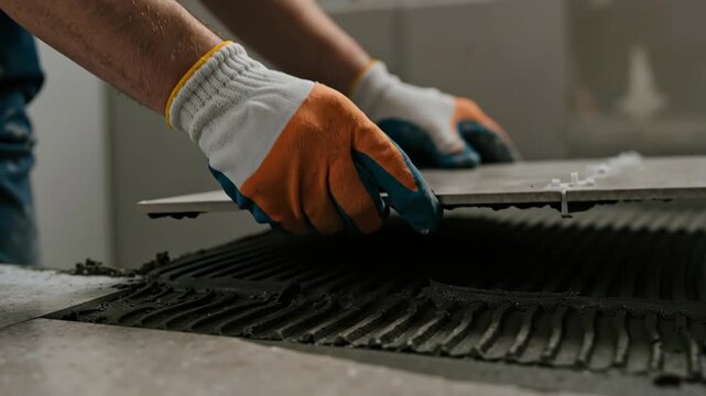 Construction worker installing ceramic floor tiles. Hands in protective gloves laying large porcelain tile on adhesive with spacers. Home renovation and interior finishing concept. Close-up shot