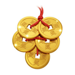 Golden Chinese Coins Tied with Red String on Transparent Backdrop