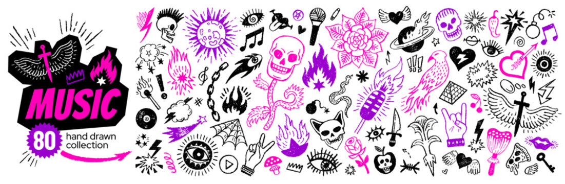 Doodle punk rock tattoo for emo girl. Music graffiti sticker with fire heart skull star rose. Grunge emo grafitti set. Fun y2k hand drawn scribble icon. Gothic background. Punk rock music emo graffiti