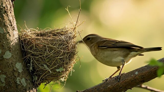 A small bird carefully builds its nest on a tree branch. Wildlife in nature constructing a home in springtime. New beginnings and instinct concept