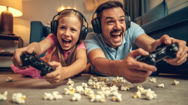 Happy father and daughter gaming together at home with headphones sharing fun time with video game controllers and popcorn on floor